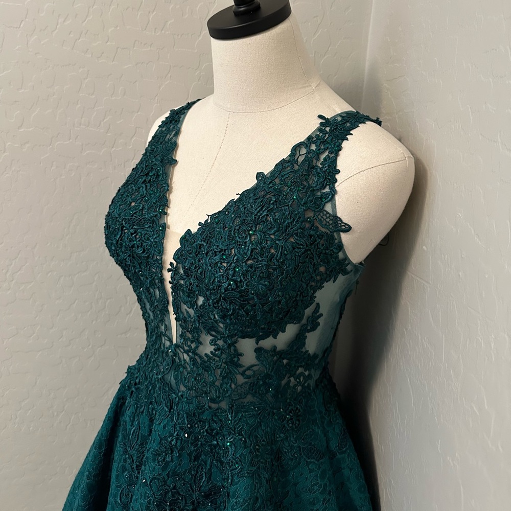 NEW JOVANI SZ 8 HUNTER GREEN NUDE ILLUSION FIT FLARE BEADED LACE FORMAL DRESS - Picture 4 of 14